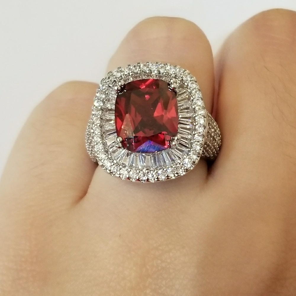 Sterling silver and red simulated sapphire ring
